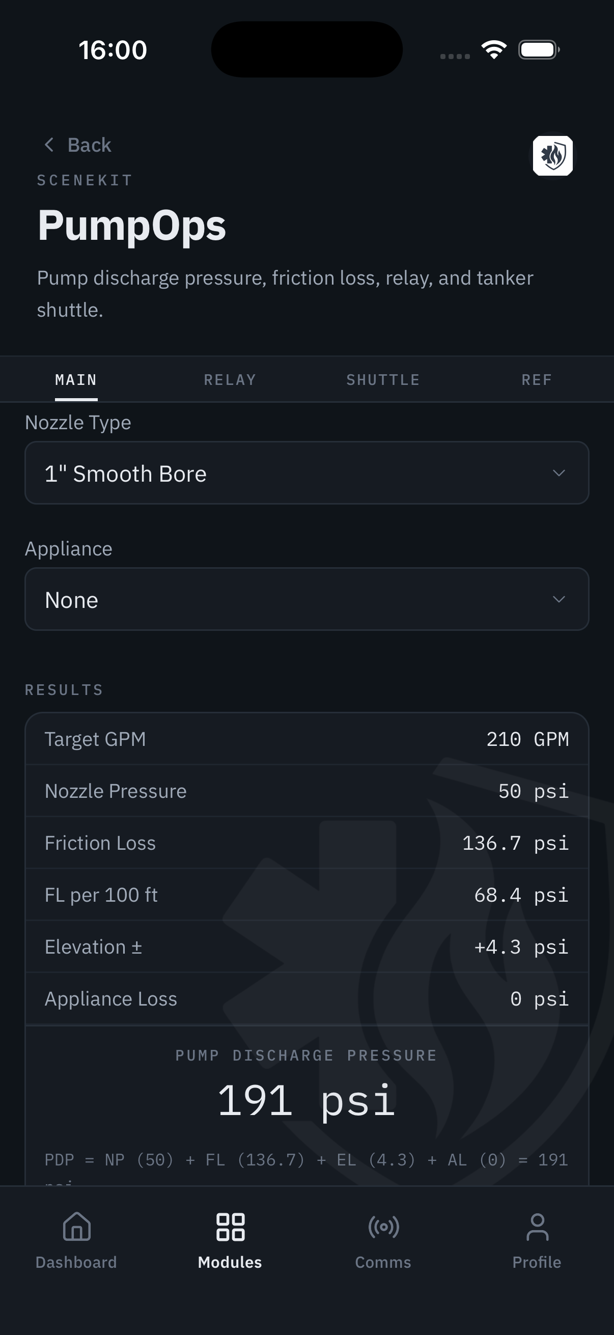 SceneKit PumpOps fire hydraulics calculator